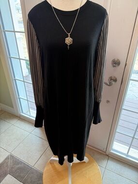 Calvin Klein Black Long-Sleeve Dress with Striped Sheer Sleeves